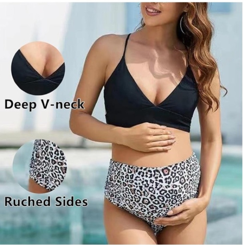 Maternity Black White Two Piece Animal Print Swimsuit Bikini V Neck Size XL